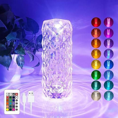 Lámpara de Mesa de Cristal,Lámpara de mesa LED de diamantes con 16 colores RGB,4 Modos Luz Recargable con Control Remoto,Touching Crystal Lamp,Romántica luz Nocturna LED,Luz Ambiental Recargable