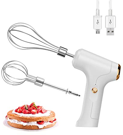 FIOUSY Electric Hand Whisk, USB Rechargeable, Wireless Portable Egg Beater with 2 Detachable Whisks with 3 Speed Modes for Eggs/Milkshake Cream/Butter/Baby Food, Fit for Kitchen/Camping/Gifts (White)