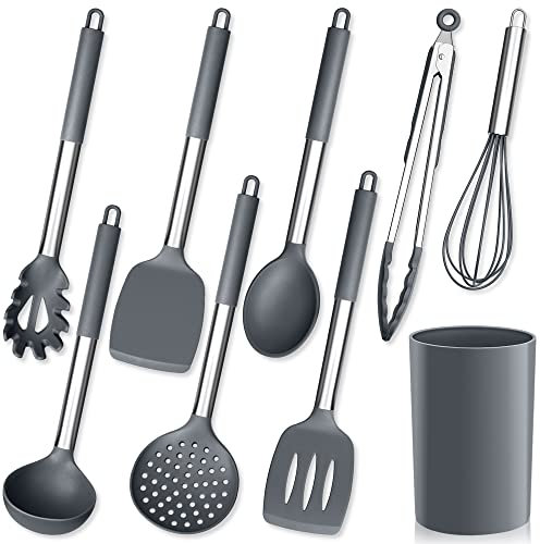 Herogo Juego de utensilios de cocina, 9 unidades, de silicona, con soporte para utensilios, color gris, con mango de acero inoxidable, resistente al calor y antiadherente