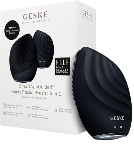 GESKE SmartAppGuided Sonic Facial Brush 5 in 1 | Vibrating Electric Cleansing Brush | Soft Silicone | Professional Cleanser | Skin Exfoliator | Face Massager