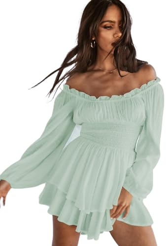 Springcmy Women Puff Sleeve Square Neck Romper Dress Off Shoulder Ruffle Shorts Smocked Layered Flowy A Line MiniBeach Swing Dress Sundress (B-Green, XL)