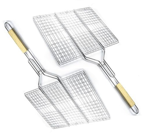 Lot de 2 supports de barbecue avec poignée en bois | Panier de barbecue pour légumes de poisson, steak, côtelettes de crevettes | Grille de barbecue en métal 40,5 x 33 cm | Panier à légumes | Spatule