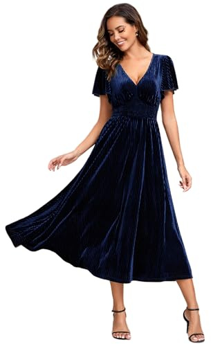 Ever-Pretty Women's Vintage Ruched Short Sleeve Cocktail Velvet Bridesmaid Wedding Guest Dress Navy Blue 12UK