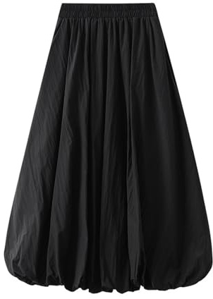 Jemmsia Gonna midi da donna a trapezio con tasche, morbida gonna a pieghe lunga a vita alta, con fondo elastico, gonna casual da donna, Nero , Taglia unica