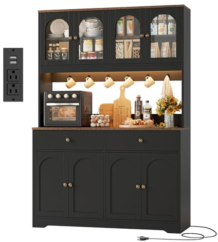 HIFIT 71 LED Kitchen Pantry Cabinet with Power Outlet, Large Kitchen Hutch Cabinet with 2 Storage Drawers & Arched Door, Countertop & Hooks, Tall China Bar for Dining Living Room (Black)