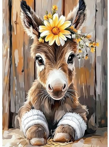 MAXBYE Cute Donkey with Flowers Diamond Painting Kits, 5D Diamond Art Kits Round Full Drill Crystal Cross Stitch for Adults Beginner, DIY Gem Art Craft Home Wall Decor Gifts 30x40cm