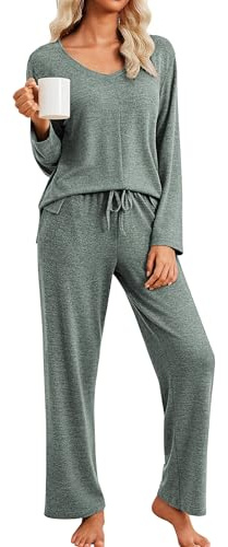 Ekouaer Pajamas for Women Set Long Sleeve 2 Piece Lounge Sets V Neck Matching Pjs Soft Sleepwear Fall Winter Army Green M