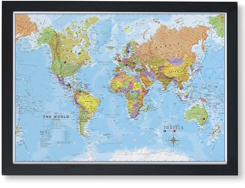 Inramad Push Pin World Travel Map - Uppdaterad 2026 - Canvas Pin Board Svart | Maps International - Resegåva - Svart ramfinish