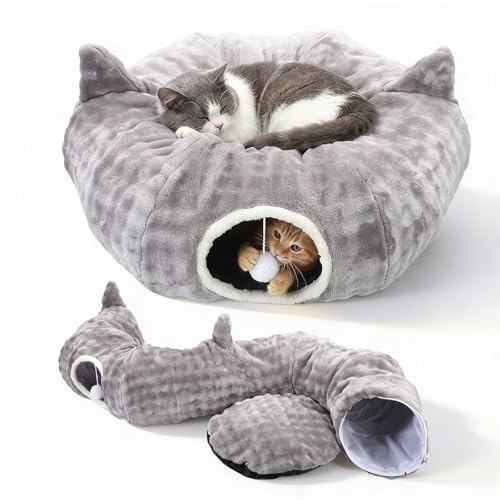 Tunnel per gatti, letto tunnel per gatti, con tappetino centrale morbido, letto ciambella per conigli, animali domestici, grigio chiaro, include 20 giocattoli.