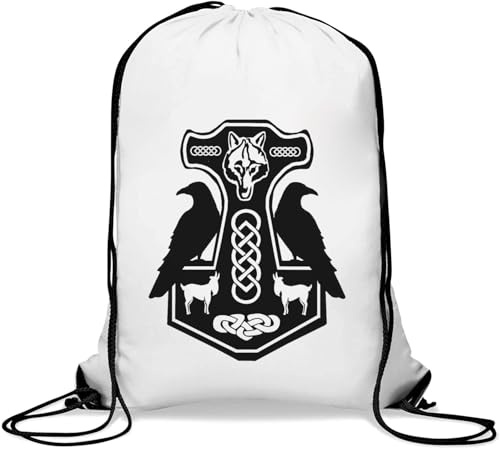 Minimalistisk Guds hammare Thor kråka grafisk gympåse vardaglig dragskoväska vit
