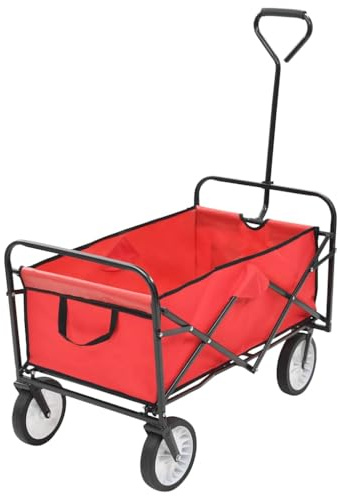 QUAHEAS Vikbar stålhandvagn röd med 75 kg bärkraft, 360 graders roterande framhjul, vikbara och lätta att rengöra, perfekt för trädgård, flytt, lager och byggarbetsplats transportstöd