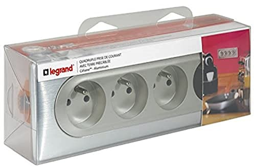 LEGRAND - Prise Electrique Quadruple avec Plaque + Boîte à Encastrer Céliane Surface - Bloc 4 Prises avec Socles Rétractables - Fabriqué En France - Alu, Aluminium