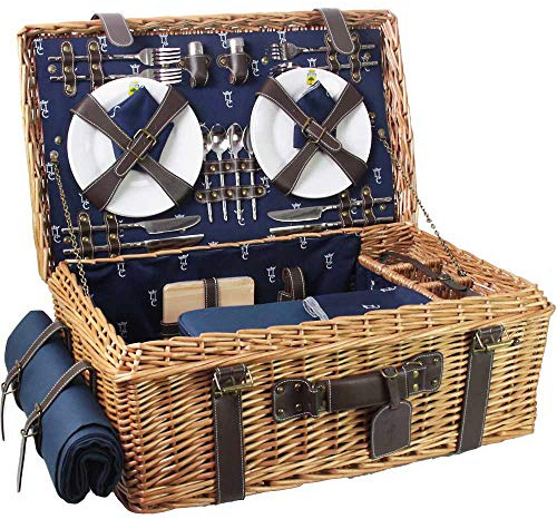Les Jardins de la Comtesse - Panier Picnic Champs Elysées Bleu en Osier - Sangles en Cuir - Complet 4 Personnes - Glacière/Nappe - Assiettes en Porcelaine et Verres à Vin en Verre - 57 x 37 x 23 cm