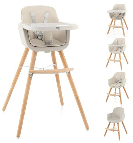 BABY JOY Convertible Baby High Chair, 3 in 1 Wooden Highchair/Booster/Chair with Removable Tray, Adjustable Legs, 5-Point Harness, PU Cushion and Footrest for Baby, Infants, Toddlers (Beige)