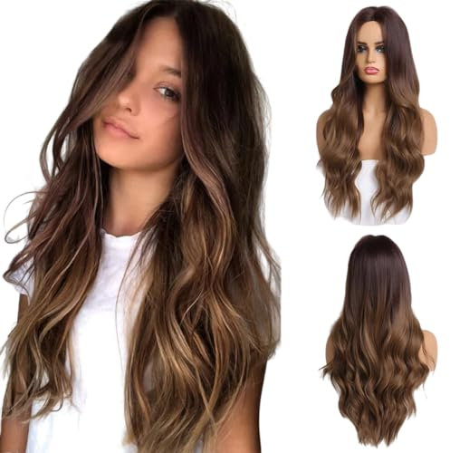 HAIRCUBE Longue perruque brune synthétique naturelle, perruque ondulée avec partie centrale pleine de perruques pour les femmes utilisation quotidienne naturelle