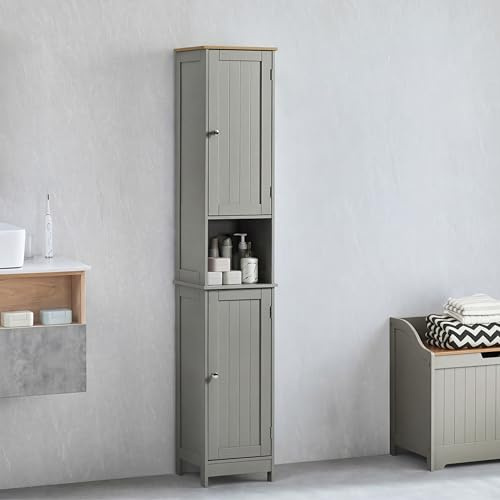 Bath Vida Priano Bathroom Cabinet Storage Cupboard Floor Standing Wooden Tallboy Unit, Grey & Oak