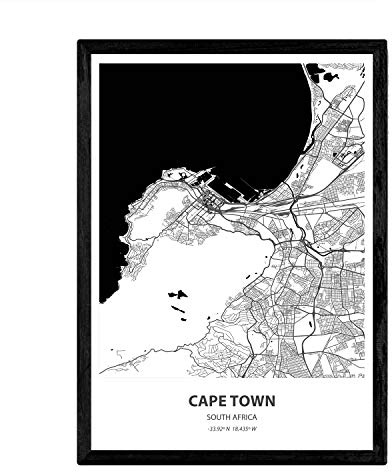Nacnic Poster Mappa di Città del Capo - Sud Africa. Fogli Città in Africa con i Mari e fiumi, in Colore Nero. Formato A4