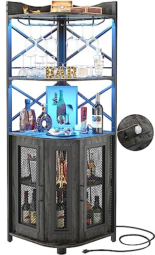 Aheaplus Corner Bar Cabinet with Power Outlet, Industrial Wine Cabinet with LED Strip and Glass Holder, 5-Tiers Liquor Cabinet Bar Unit for Home, Corner Display Cabinet for Small Space, Grey Oak