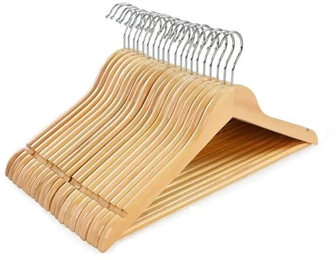 20 Wooden Hangers, Coat Hangers, Clothes Hangers, with Shoulder Notches, Trousers Bar, 360° Swivel Hook, for Suits, Shirts, Coats, Natural Pack of 20 (20 Pack Natural)