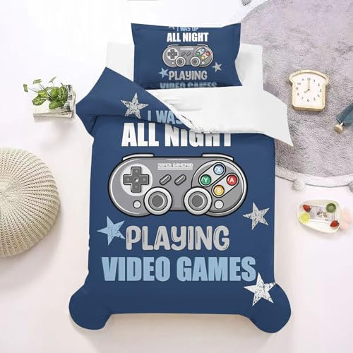 HOMHOMHA Gamer Bedding Kids Colourful Single Duvet Cover Set Gaming Gamepad Bedroom Decor For Teens/Boys Blue Single Bed 135X200cm Quilt Cover and 50x75cm Pillowcase