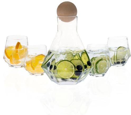 EMVPE Premium Glaskaraffe mit Deckel, 5-teilig, Karaffe (1,3l) und 4 Gläser (250ml) im Set, edles Diamant-Design, spülmaschinengeeignet, für erfrischende Getränke, Bowle
