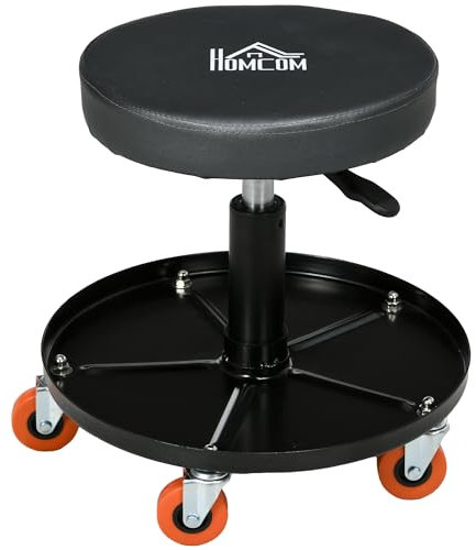 HOMCOM Sgabello da Officina con Ruote e Porta Attrezzi, Sgabello da Lavoro con Altezza Regolabile e Girevole a 360°, Ø40x38-48cm, Nero