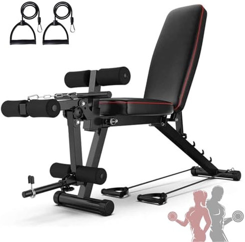 Hantelbank Verstellbar für Langhantel, Sit up Bank Bauchtrainer Klappbar, Trainingsbank mit Beincurler Multifunktion Schrägbank Rückentrainer, Fitnessbank für Zuhause Ganzkörper Krafttraining