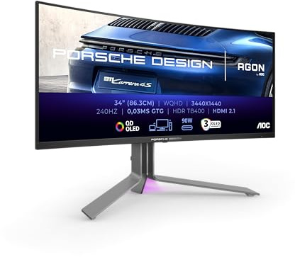 AOC Agon Pro PD34-34 Zoll WQHD OLED Gaming Monitor, 240 Hz, 0.03 ms, FreeSync Premium Pro, G-Sync comp., HDR400 (3440x1440, 2X HDMI 2.1, DisplayPort, USB-C (90W PD), USB Hub) schwarz