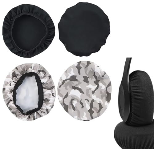 4 Pezzi Copri Cuffie Lavabile,cuscinetti cuffie,copri cuffie universali,Adatte per Cuffie da 9 A 10,5 Cm, Riutilizzabili,Antipolvere, Copri Auricolari in Tessuto Fodere Elastiche (Mimetico, Nero)