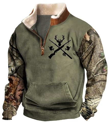 Hommes Camouflage Chasse Au Cerf Imprimé Sweat-Shirt Aztèque Cowboy Pull Manches Longues Vestes Western avec Poche Kangourou