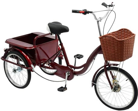 Fridgestea 20 Zoll Dreirad für Erwachsene, 3 Räder Retro Fahrrad Erwachsenendreirad Tricycle Bike mit Vorderer Korb, Hinterer Behälter, Bandbremse für Damen Herren Senioren
