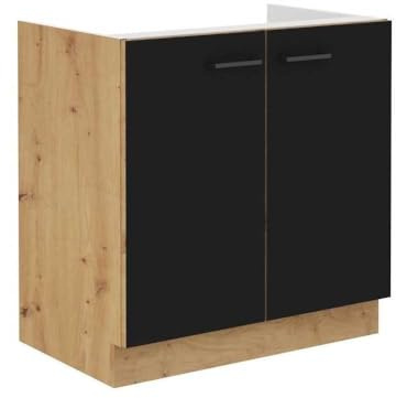CUISINIER Meuble sous evier - Modena - 80 cm - 2 Portes battantes - Chene Artisan et Noir Mat