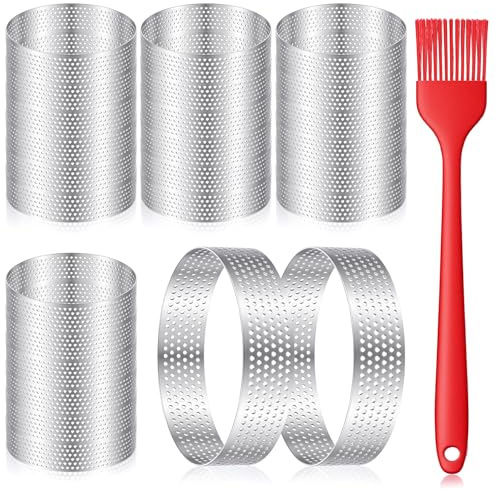 Kifmurase 24PCS Perforated Tart Rings, 3.15 Inch Stainless Steel Round Cake Rings with Brush, Kitchen Metal Cookie Baking Ring Molds for Pastry French Dessert Mousse Food Crisp