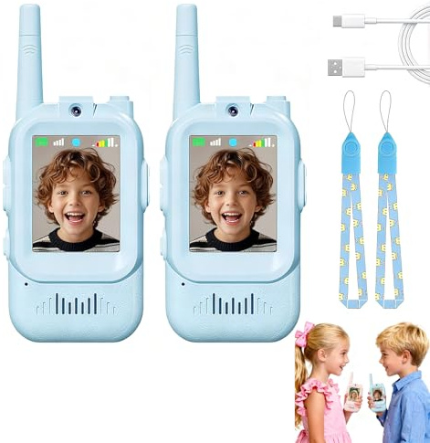 Talkie Walkie Enfants Rechargeable, avec Vidéo & Caméra, Portée 100-400m, 4 Modes de Voix Changée, Cadeaux d'anniversaire pour Garçons Filles, Jouets de Plein air pour Enfants de 3 à 12 Ans (B)