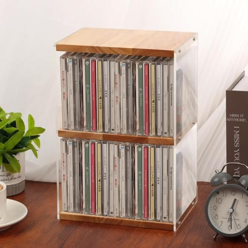 3-Tier Wooden CD Holder with Acrylic Display Case - CD Storage Rack & DVD Display Stand Holds 40 CD CaseCompact Organizer Shelf for Game Discs, Movie Cases, Music Cassettes & Theatre Room Collectibles