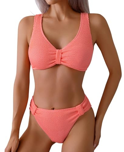Bañador Mujer Palabra de Honor Bikinis Mujer de Women's Solid Color Seersucker Split Swimsuit with Wide Straps Comfortable Swimsuit Sexy Tube Top Bikini Red Point Bikini Bikinis 2026 Alta