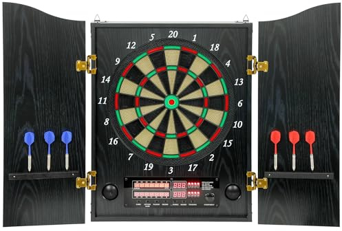 SPORTNOW Elektronisk darttavla, E darttavla med skåp, träutseende, LED-skärm, röstmeddelanden, dartautomat med 6 mjuka darts, 24 reservspetsar, 25 spel, 202 varianter, darttavla set för 1–8 spelare