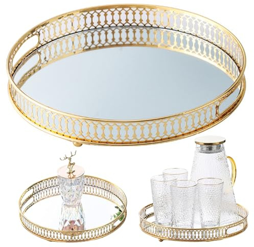 Spegelbricka, 32 cm dia. Rund spegelbricka i guld, dekorativ smyckesförvaring i metall, speglad makeup, smyckesförvaring för byrå, sovrum, heminredning, guld