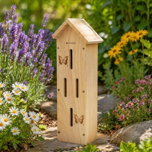 CKB LTD Wooden Butterfly House Shelter Natural Garden Butterfly Box Rustic Wildlife Bug Habitat Decorative Outdoor Garden Ornament with Pitched Roof Habitat for Butterflies