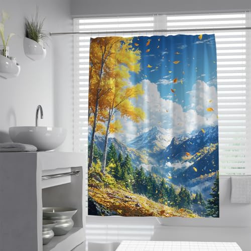UERWOWELL Naturestetik duschdraperi höstskog vandringsväg badrum duschdraperier vattentät polyester badgardin dekorationsset med krok B 150 x L 200 cm