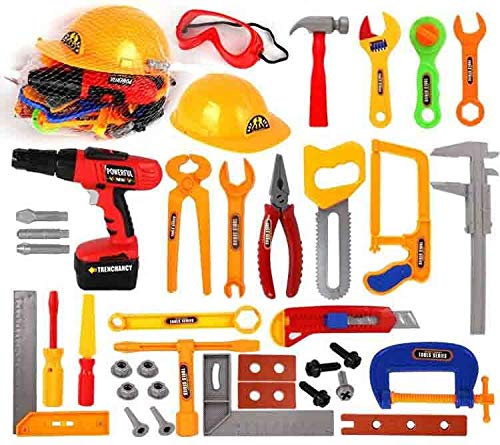 Coolbitz kingsport 37PCS TOY TOOL BOX SET WITH HAMMER WRENCH TAPE MEASURE SCREW-DRIVER KNIFE CLAMP NAILS SCREWS PINS & MORE BUILDING ACCESSORIES - CHILDRENS CONSTRUCTION TOY SET