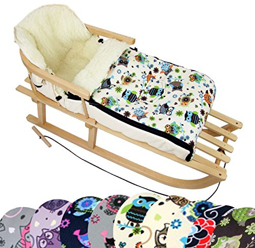 BambiniWorld Kombi-erbjudande träsläde med ryggstöd och dragrep universell vinterväska (90 cm), även lämplig för babystol, barnvagn, barnvagn, buggy, av ull i uggledesign (uggla §4)