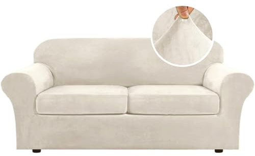 H.VERSAILTEX Real Velvet Plush 3 Piece Stretch Sofa Covers Couch Covers for 2 Cushion Couch Sofa Slipcovers Width Up to 90 Inch Feature Thick Soft Stay in Place (Large Sofa, Ivory)