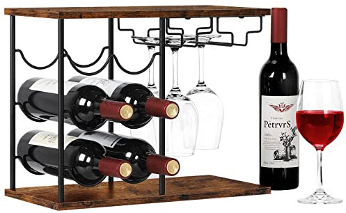 LIANTRAL Wine Racks Countertop, Hold 6 Bottles and 4 Wine Glass Rack Wine Holder, Freestanding Wine Rack for Home, Kitchen, Bar, Wine Cellar, Cabinet