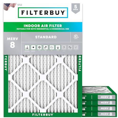 Filterbuy 16x20x1 Air Filter MERV 8 Essential Dust & Allergy Defense (5-Pack), Electrostatic Pleated HVAC AC Furnace Filters Replacement (Actual Size: 15.50 x 19.50 x 0.75)