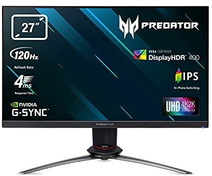 Acer Predator XB273KSbmiprzx 27 inch UHD Gaming Monitor, Black/Grey (IPS Panel, G-Sync, 120 Hz (144 Hz OC), 4ms, HDR 400, Quantum Dot, DP, HDMI, USB Hub, Height Adjustable Stand) (Renewed)