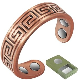Bracciale da 19 cm in rame antico puro vintage, gioielli magnetici, regalo da uomo o da donna (anello in rame)