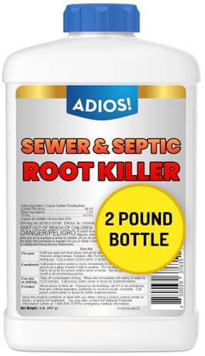 Adios! Eliminador de raíces sépticas y alcantarilladas para árboles y arbustos, fórmula de sulfato de cobre que protege tuberías de alcantarillado, desagües y tanques sépticos del crecimiento invasivo