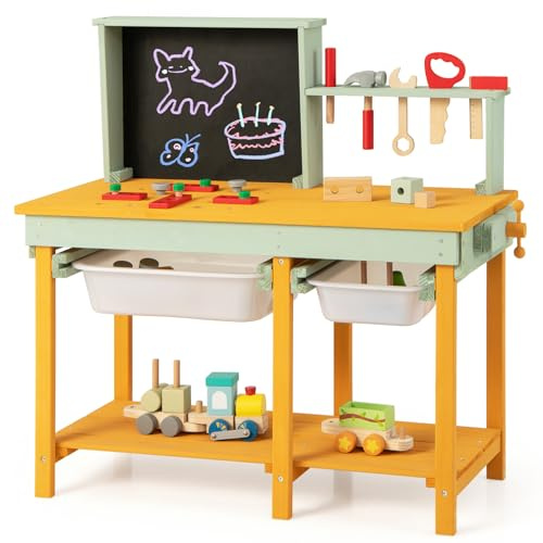 COSTWAY Wooden Kids Workbench, Pretend Tool Bench with Tools Set, Storage Baskets, Chalkboard, Toddlers Construction Pretend Role Play Toy Set for Boys Girls Aged 3-8 Years Old
