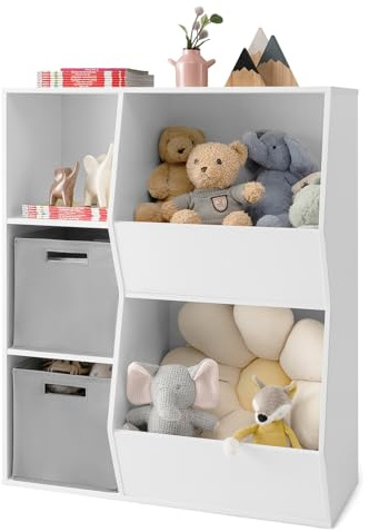 GYMAX Organizzatore di Archiviazione Giocattoli per Bambini a 5 Cubi, Libreria in Legno con 2 Ceste Rimovibili, Mobile Portagiochi Espositore (Bianco + Grigio)